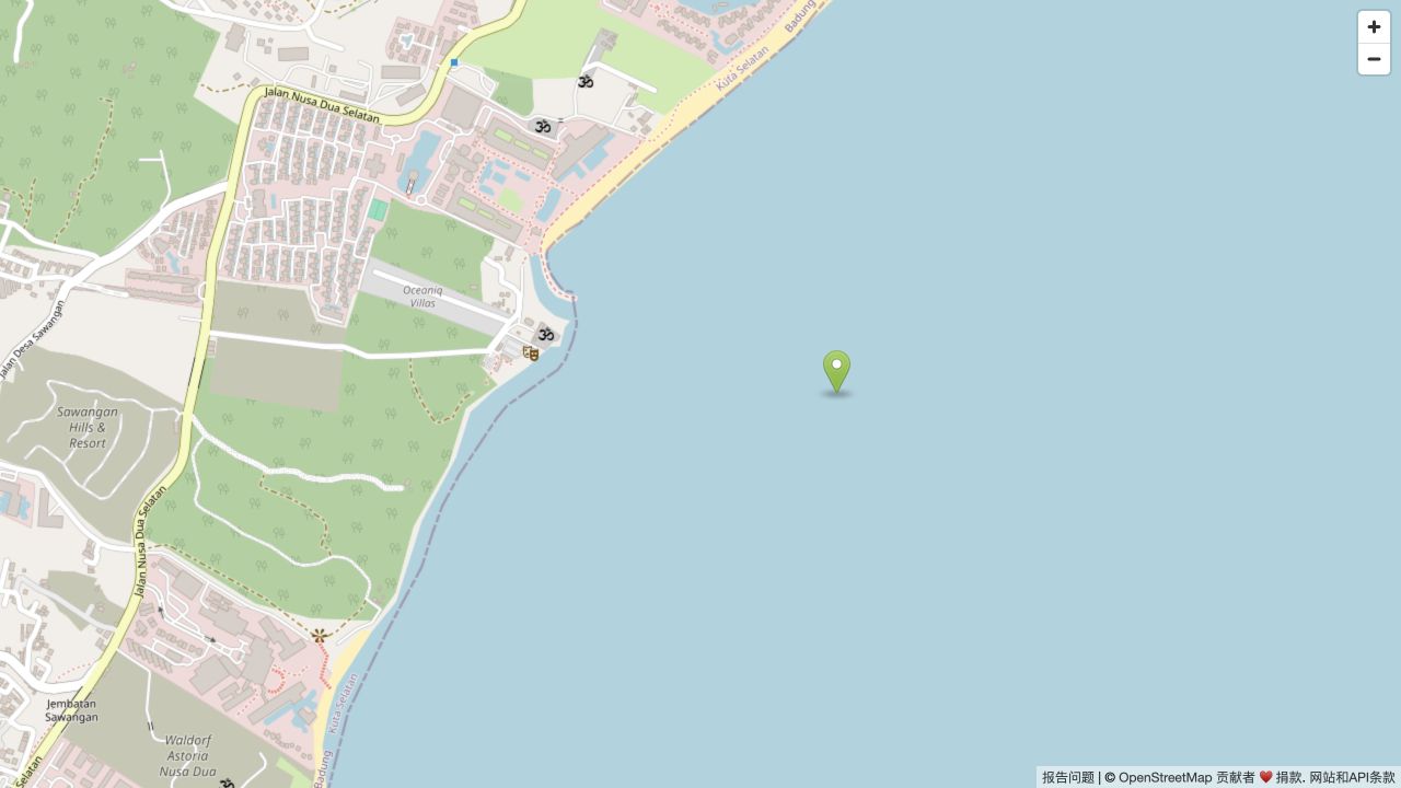 Nusa Dua海岸背景；标记为来源参考位置，不是入口或已测浪区。
