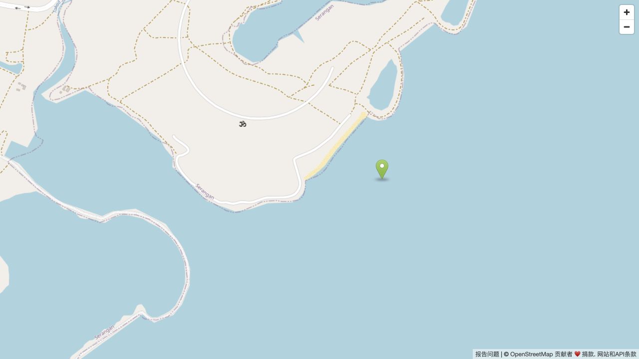 Serangan海岸背景;标记为来源参考位置,不是入口或已测浪区。