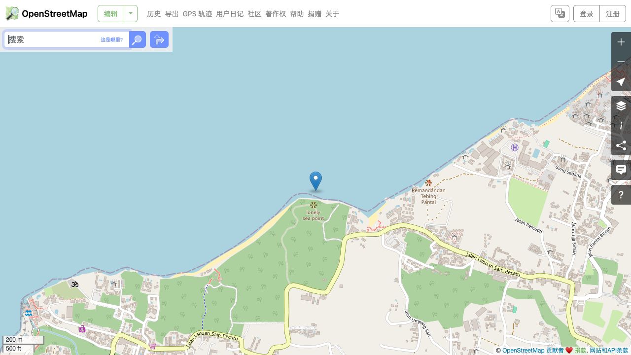 Padang Padang原参考标记附近海岸与道路；不标定主左礁/Baby边界或入口。