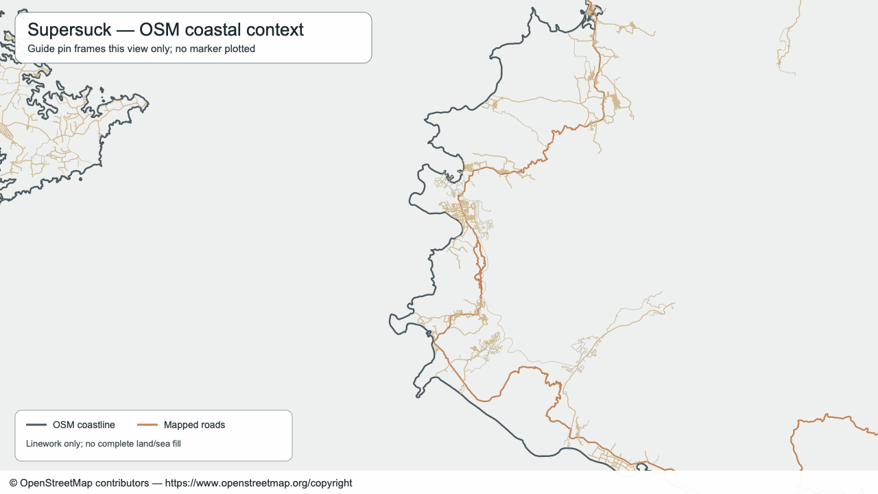 OSM 区域线图,仅作海岸道路背景;不标示浪峰或入口。© OpenStreetMap contributors